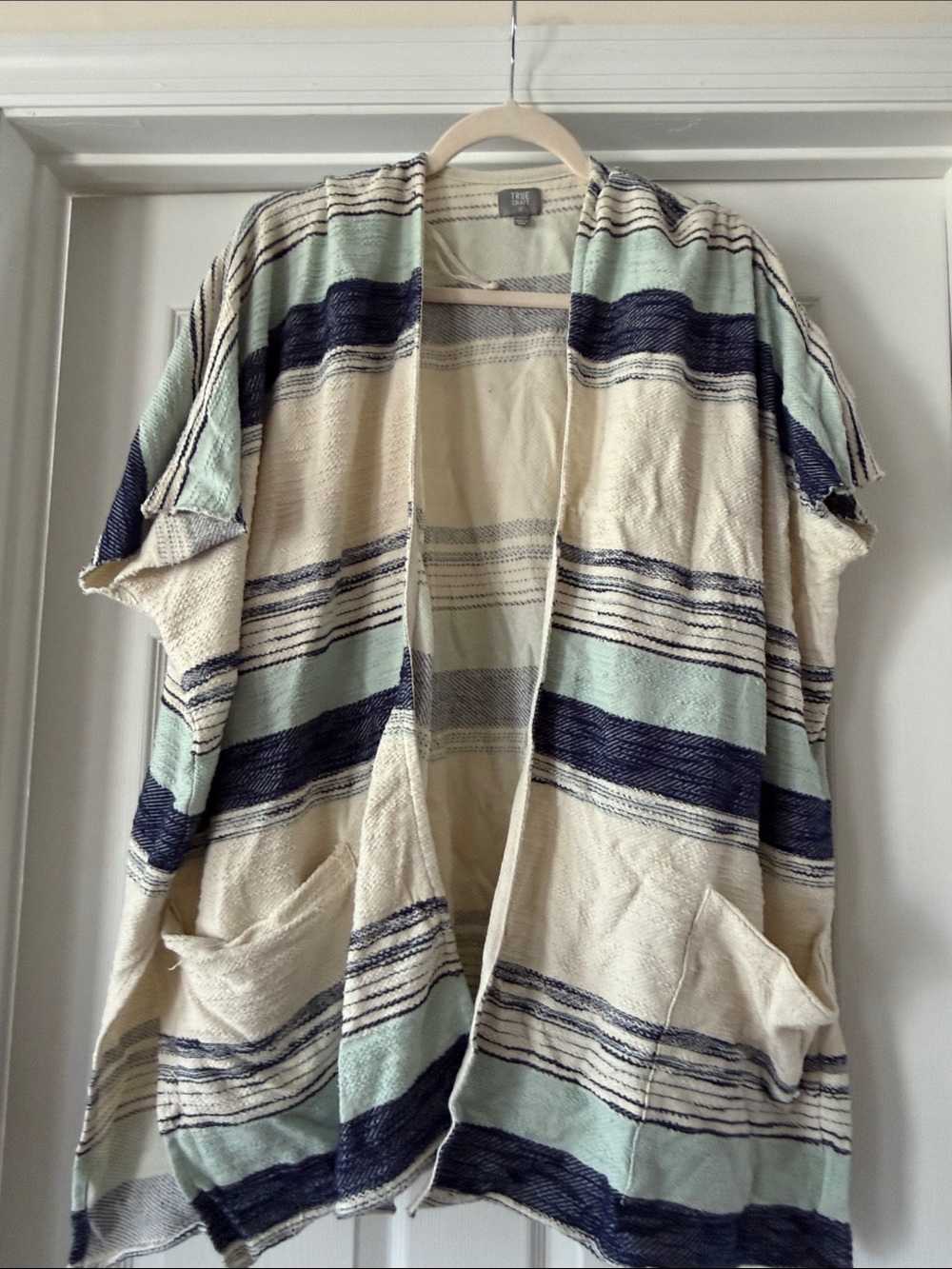 True Craft Striped Open-Front Cardigan in Cream, Navy & Mint